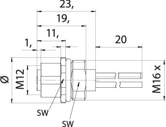 Technical drawing of a plug with dimensional specifications in millimetres, showing details of dimensions and threads, such as M16 x 1.5.