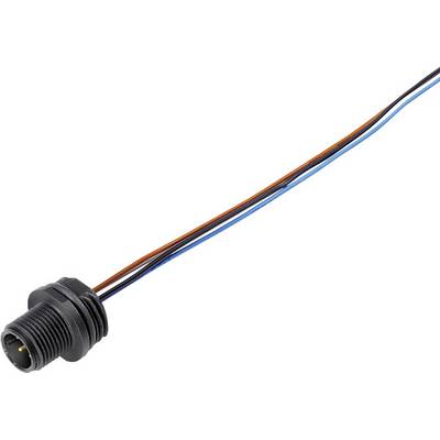 Round, black electrical connector with three long, coloured cables (blue, red, black). Suitable for electrical connections.
