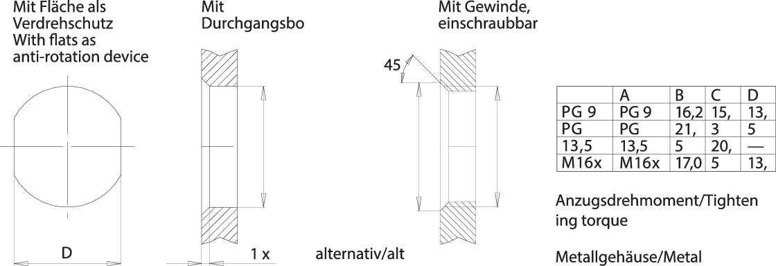 Technical drawing of a component with dimensions and tolerances. Left side showing a cross-section, right side featuring a table with dimensional specifications, with notes underneath.