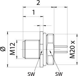 Technical drawing shows the dimensions and thread specifications of a cylindrical component. Main dimensions: Diameter M20, length 2, and partial segment 1.