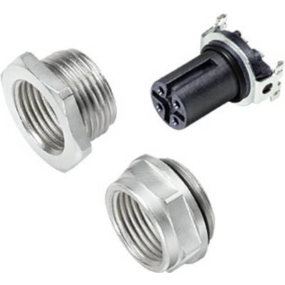 'Three industrial connectors: two metal threaded connectors and a black four-pin plug, enabling a secure electrical connection.'