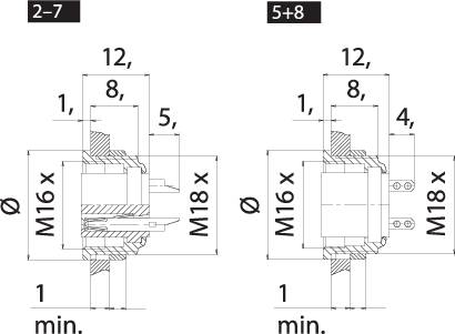 Technical drawing of two M16x connections. On the left: Connections 2-7. On the right: Connections 5+8. Dimensions marked.