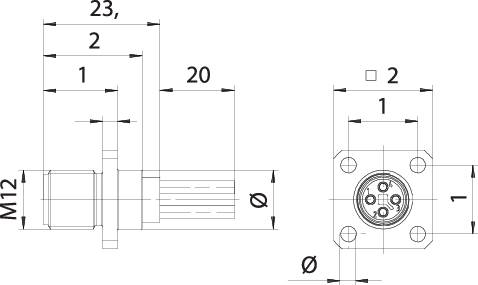 Technical drawing of a mechanical component with dimensions and numerical specifications for size determination in two views.