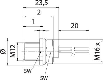 Technical drawing of a plug with dimensions: Total length 23.5 mm, thread M12 and M16, other relevant dimensions with labels.