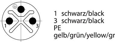 Circular diagram of a plug with connections: '1 black', '3 black', 'PE yellow/green'.