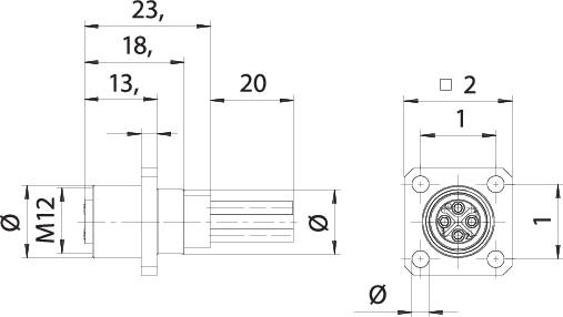 Technical drawing of a connector with M12 thread. Dimensions and connections are shown in detail.
