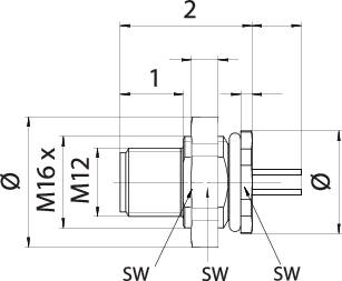 Technical drawing of a cylindrical component with dimensions and thread specifications. Main measurements: M16 x and M12 shown.