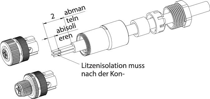 Exploded diagram of a connector: Individual components with label 'Wire insulator must after the assem-' for orientation during assembly.