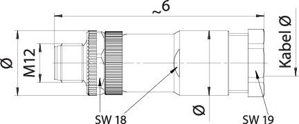 Technical drawing of an M12 connector with dimensional specifications. Shows external dimensions and key widths for mounting purposes.