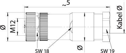 Technical drawing of a cylindrical plug marked 'M12'. Detailed dimensions and cable connection shown.