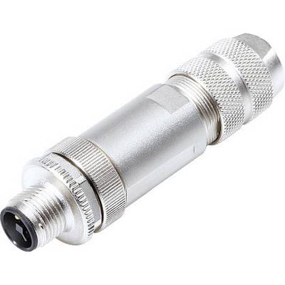 Metal plug, cylindrical in shape, with a grooved screw-lock and cable connection. Used for electrical connections.