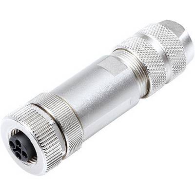 A silver, cylindrical connector with multiple grooves and a black connection at one end, for electrical connections.