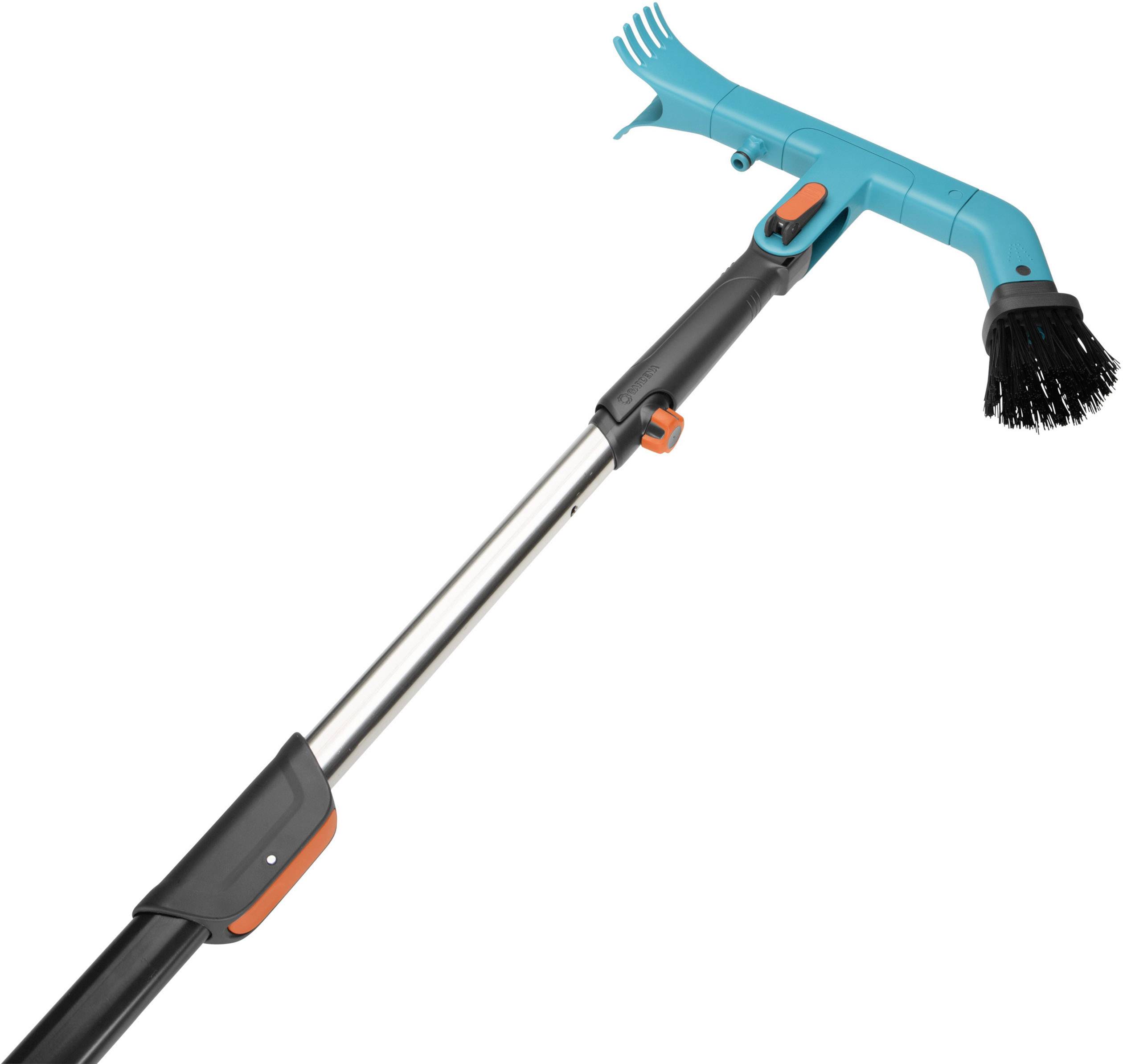 A telescopic roof cleaner with a blue brush and black rubber edge, suitable for cleaning gutters and roofs.