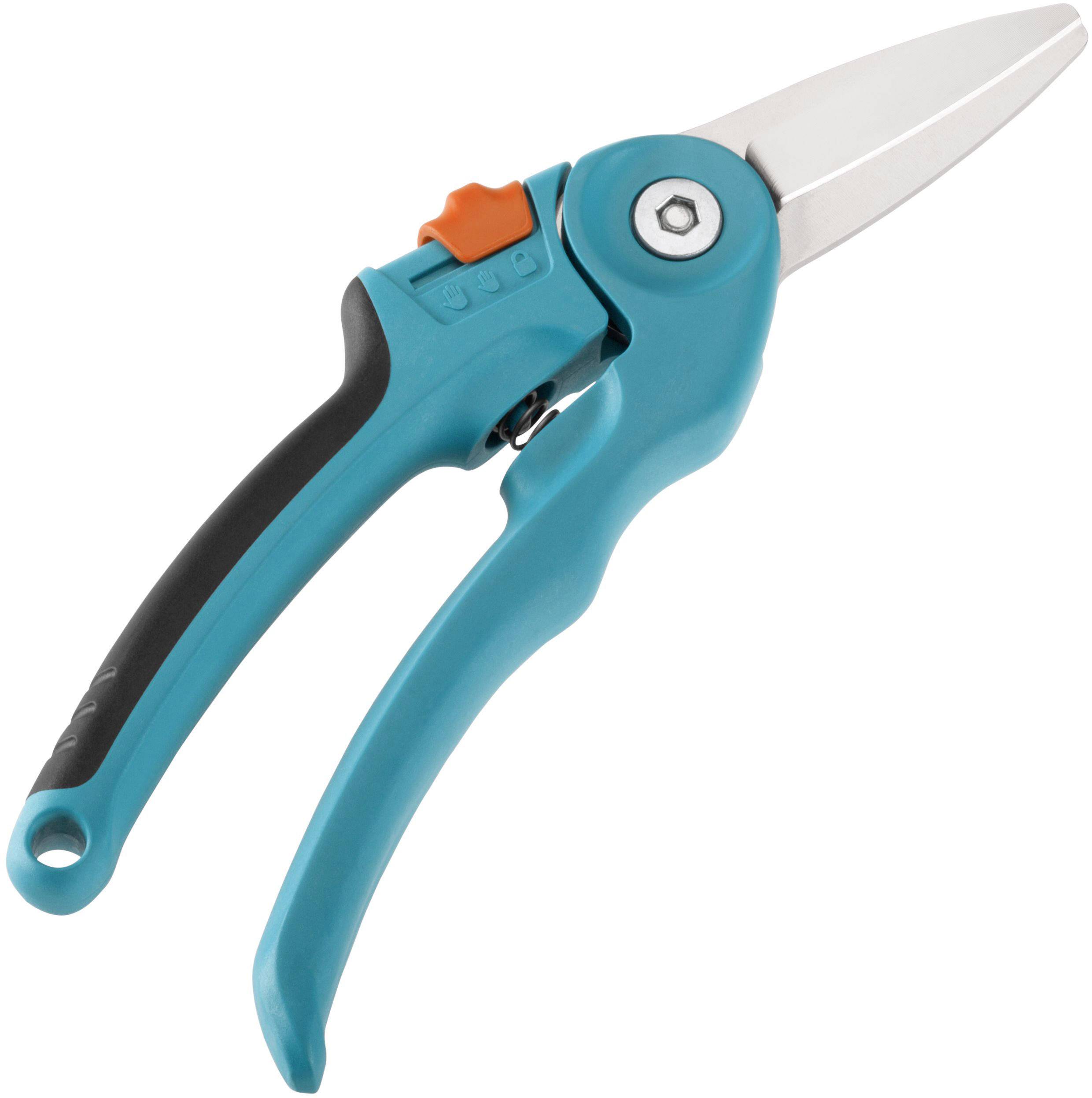 A garden secateurs with a blue handle and silver blade. It has a black grip area and an orange lock mechanism.