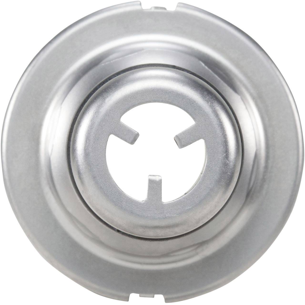 Silver, circular metal fastening with a star-shaped hole in the centre, viewed from above.