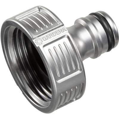 A silver hose connector adapter with a ribbed surface and 'Gardena' marking for garden hoses.