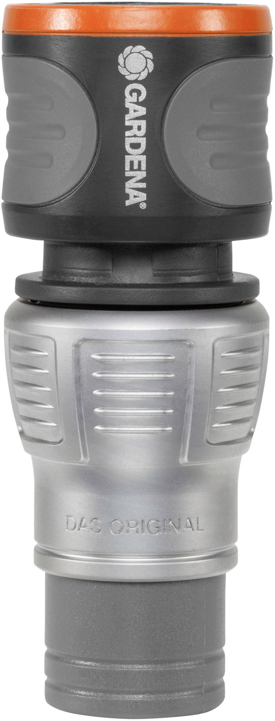 Gardena hose connector with a grey body and orange top.