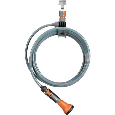 Garden hose with orange-black spray nozzle and blue stripes, coiled and with connection adapter.
