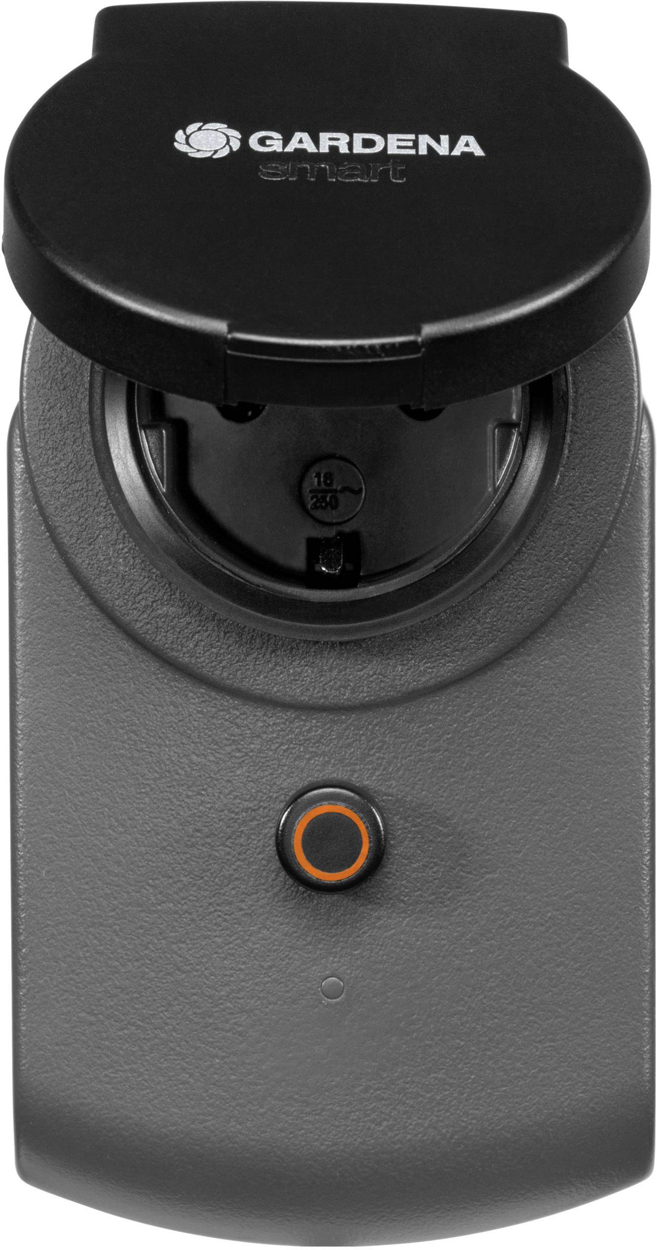 Gardena smart socket in a black housing with an orange button, upper part open to reveal the socket slot.
