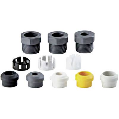 'Various cable gland fittings in different colours and sizes, suitable for securing and sealing cables in enclosures.'