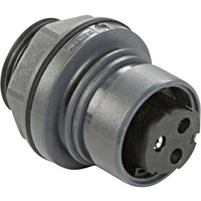 A grey, cylindrical plug with multiple connections and a black rubber O-ring for sealing, used in electronics.