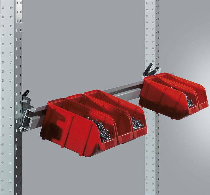 Two red toolboxes are attached to a metallic shelf bracket. The boxes are filled with various screws.