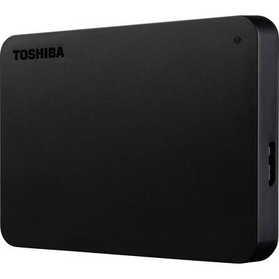 Black Toshiba external hard drive, rectangular in shape, with USB port on the side.