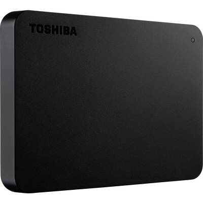External black Toshiba hard drive, rectangular and compact.