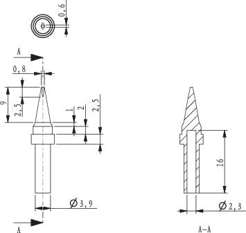 Technical drawing of a tool body with dimensions and annotations. Shows various views and cross-sectional representation of the object.