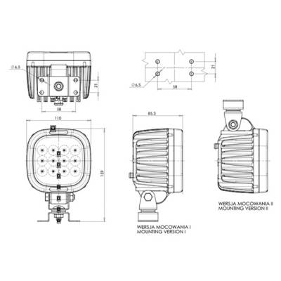 Technical drawing of a rectangular LED headlight with dimensions, front and side views, and two mounting options.