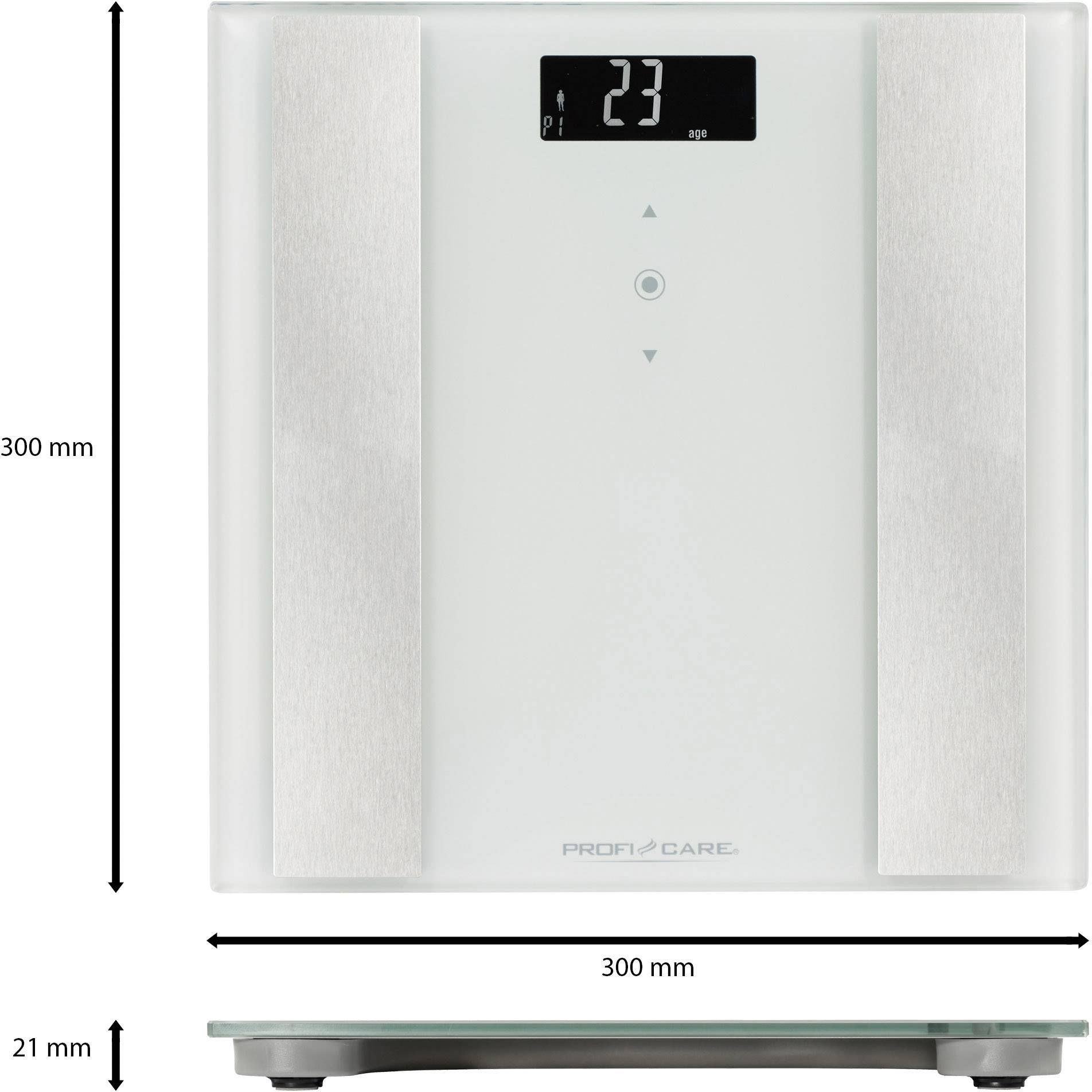 Digital Bathroom Scale with Large, Easy-to-Read Display. Height of Scale: 21 mm, Width and Length: 300 mm.