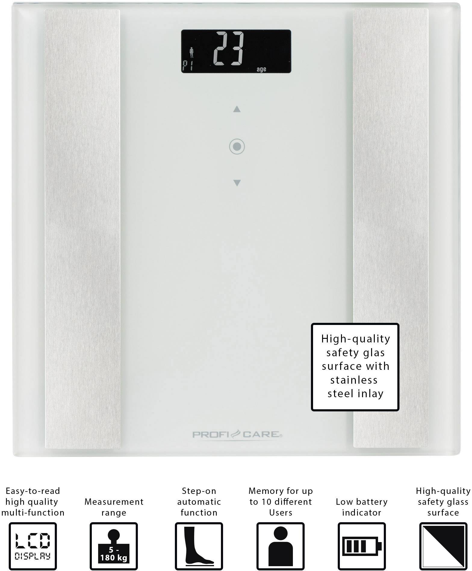 Digital personal weighing scale with glass surface and stainless steel inlays, displaying '23 kg' on the screen. Easy to use, stores data for 10 users.