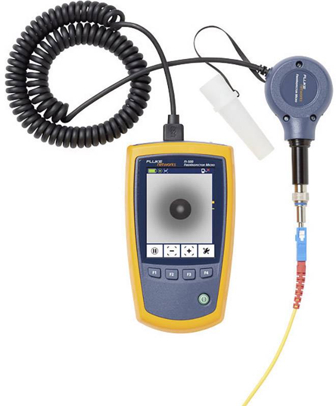 A portable vibration measurement device with a yellow frame and screen. It has cables and sensors connected for machine diagnostics.
