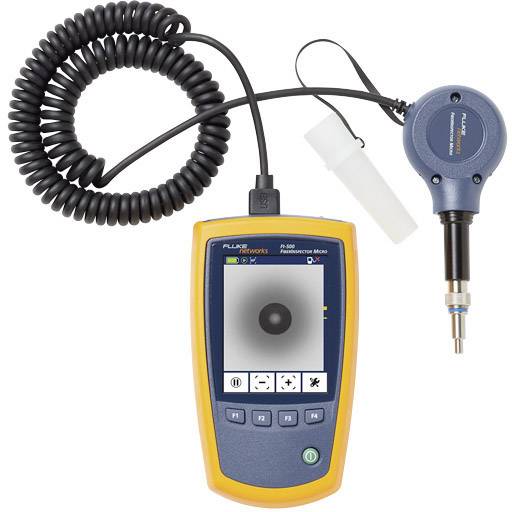 A portable measuring device with a wired sensor for area measurement in industry. Orange casing with digital display.