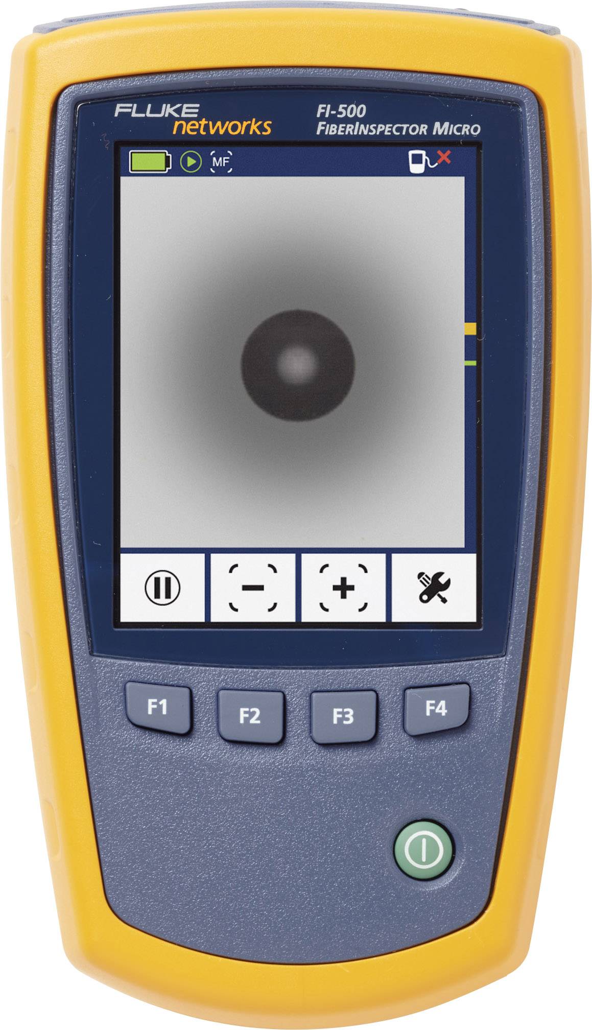 A handheld device for inspecting fibre optic connections, with a screen display of an enlarged connection point.