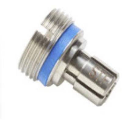 Metal adapter with a blue ring and thread on one side, possibly part of a connection system.