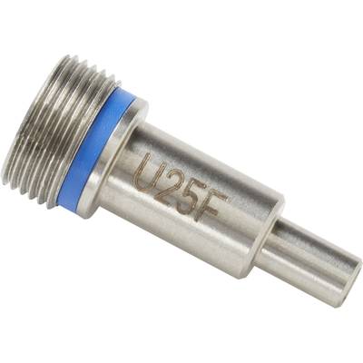 A metal adapter with a blue seal and 'U25F' engraving on the side, potentially a component of technical equipment.