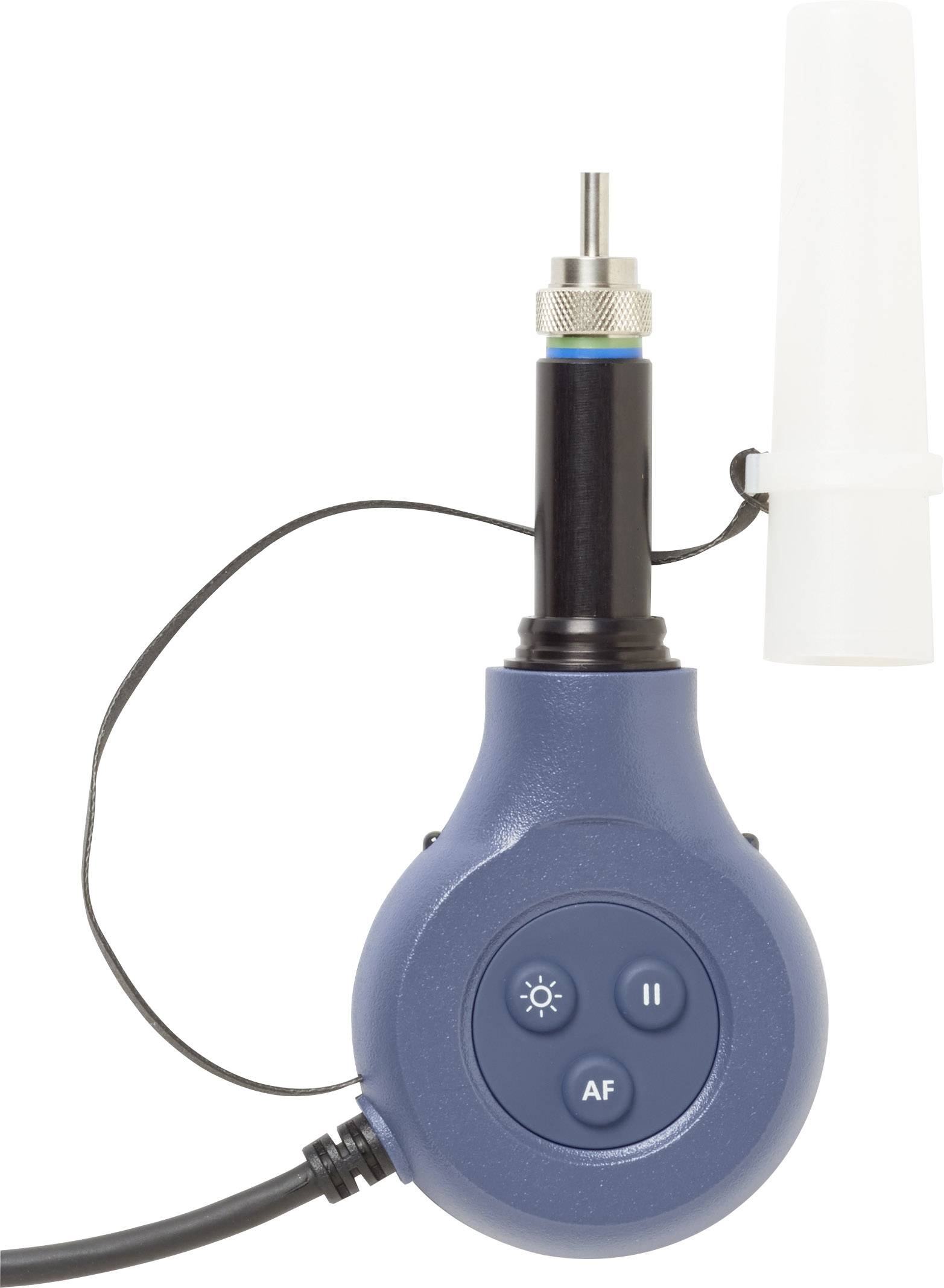 Blue electronic device with buttons, cables, and a white plastic holder. Used for technical measurements.