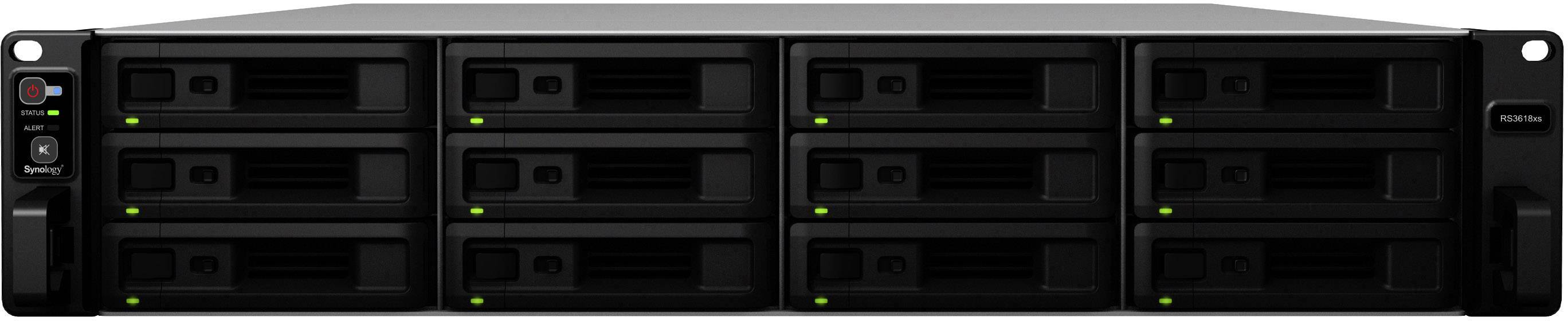 A black server with twelve drive bays, front view. Status lights on each bay are green.