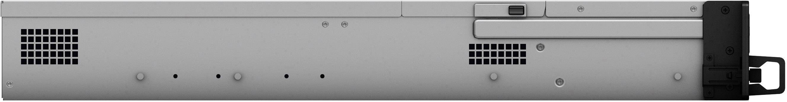 Silver, rectangular computer case with ventilation slots and a plastic handle on the right side; most likely a server.