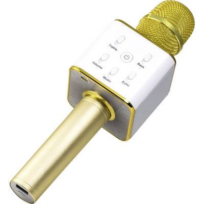 Golden wireless microphone with speaker system and control buttons for volume, music, echo, treble and bass on the front.