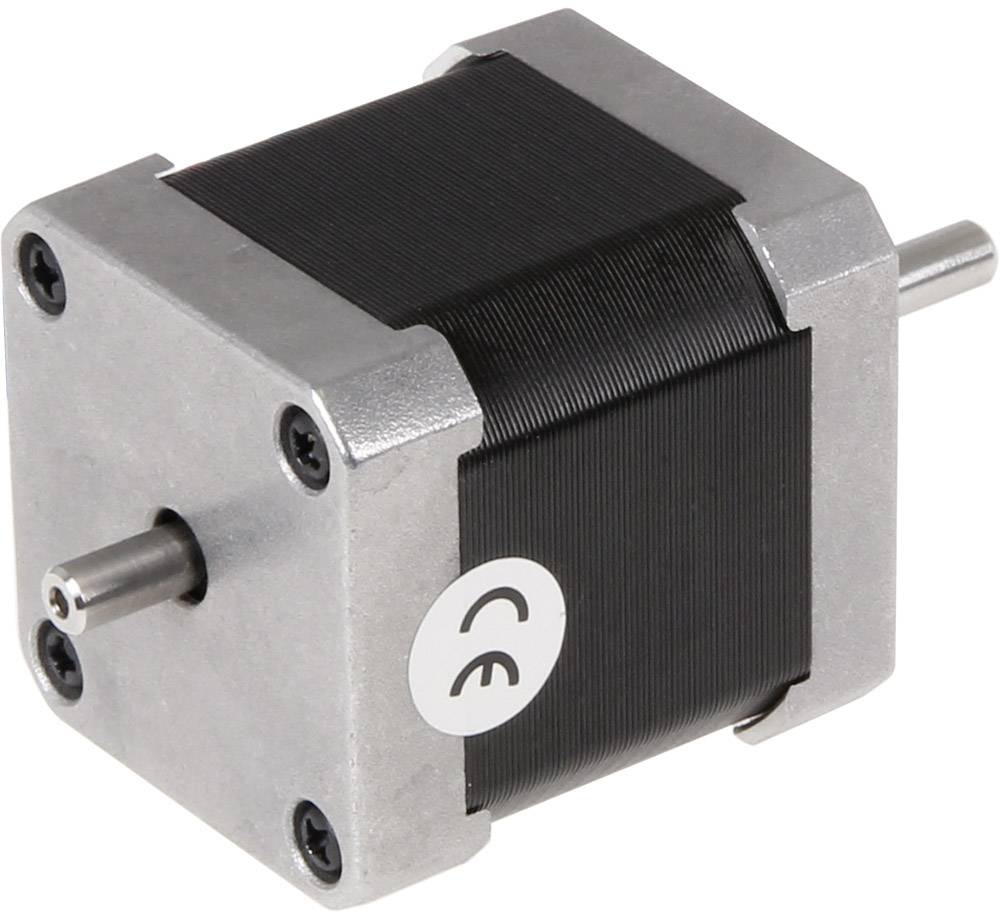 Stepper motor in a square configuration with metal housing, small shaft and CE marking visible, suitable for precision mechanisms.