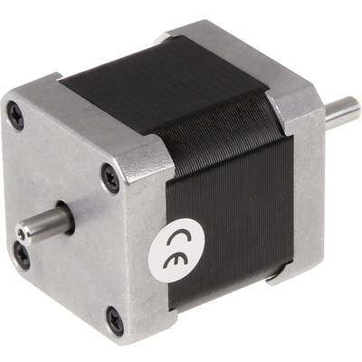 Stepper motor in a square configuration with metal housing, small shaft and CE marking visible, suitable for precision mechanisms.