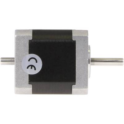 A small electric stepper motor in a square design, with a black and silver housing and CE certification.