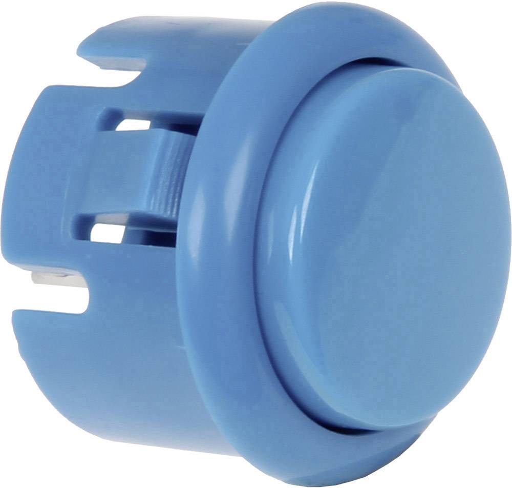 A round, blue push button with mounting elements, suitable for installation on electronic devices or control panels.