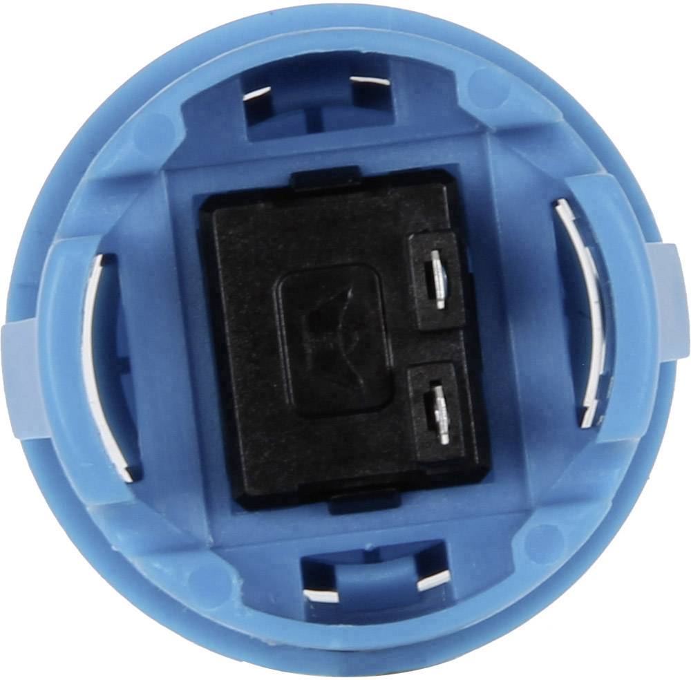 An illustration of a round, blue button with a black centre, likely part of an electronic device or switch.