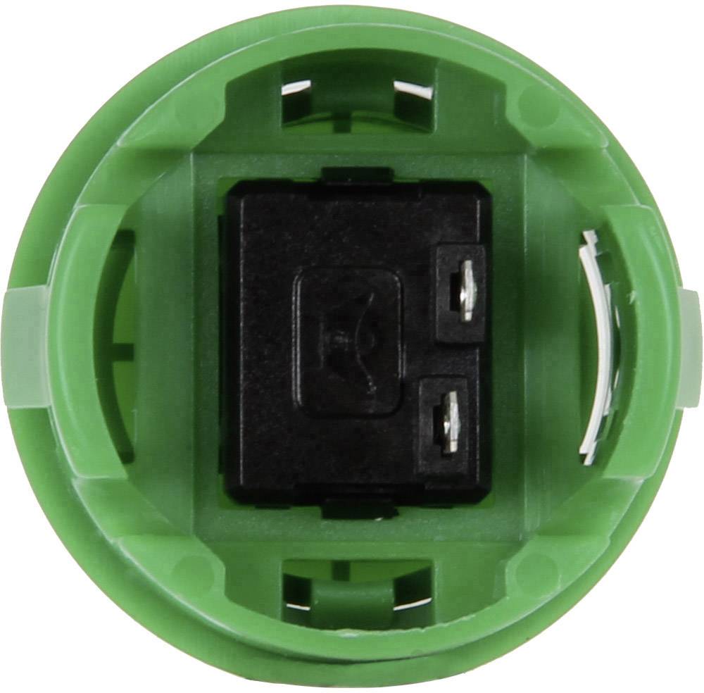 Green circular light sensor with a black switch in the centre, viewed from above.