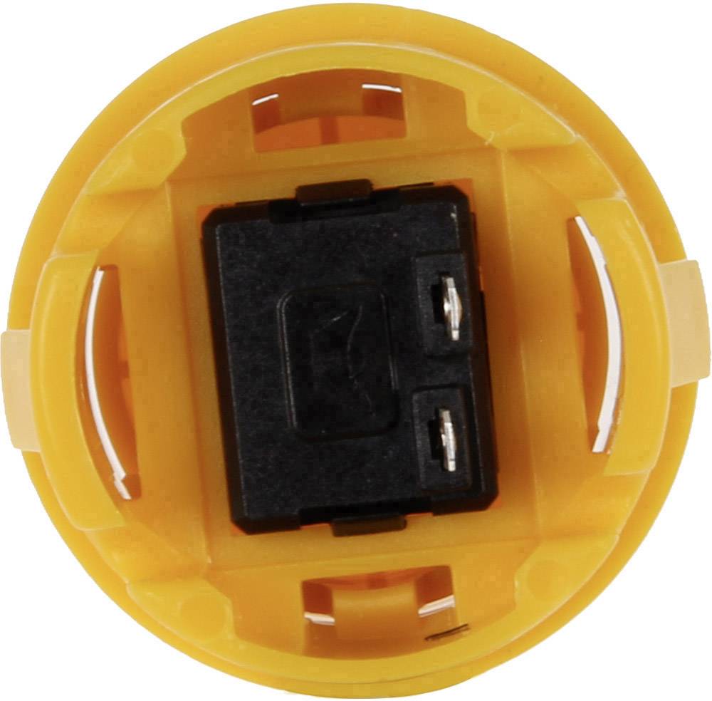 Round, yellow button with a black switch in the centre, viewed from above.