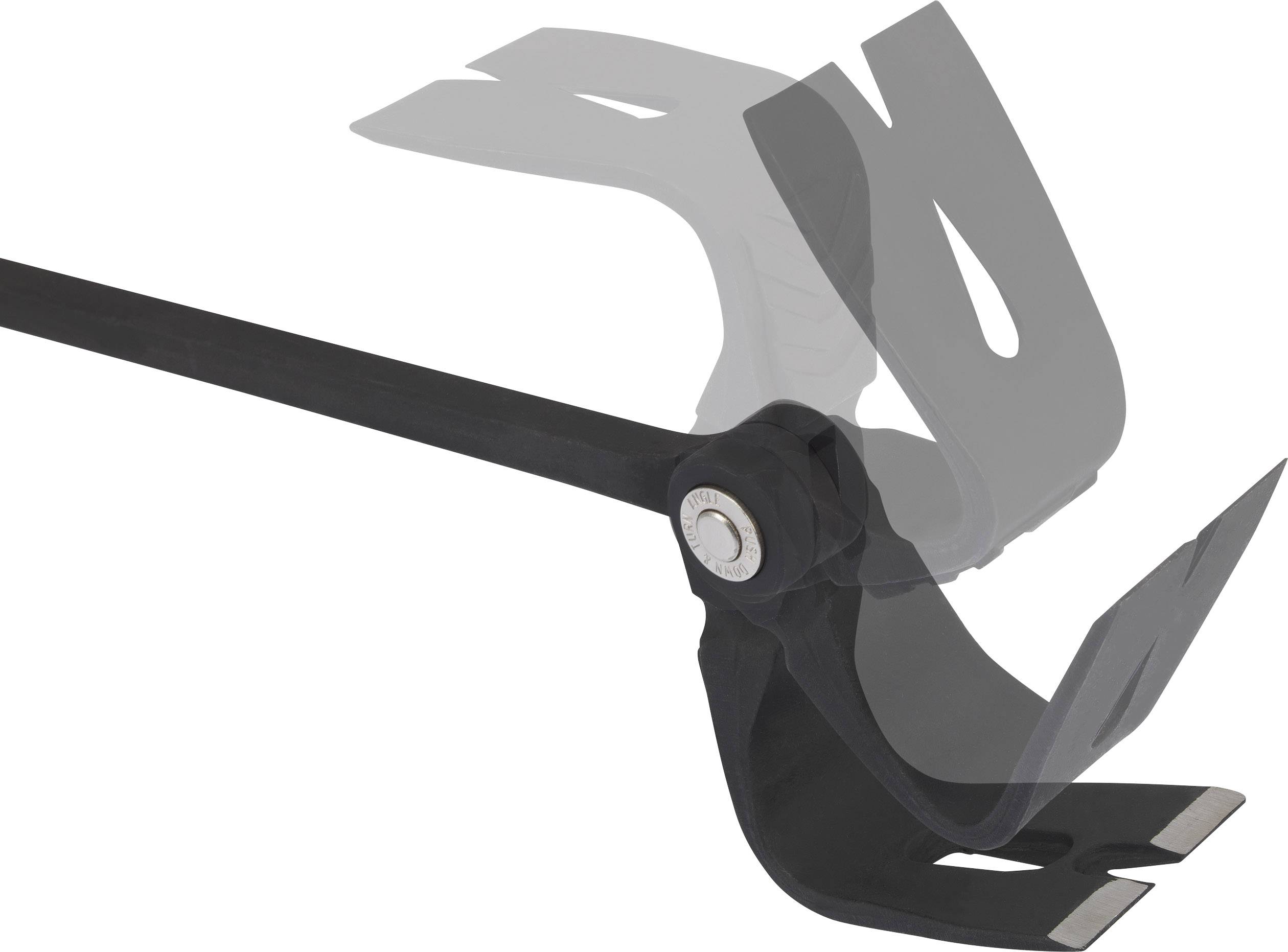 A black spare part, likely a movable component of a machine arm, is shown in two different positions.