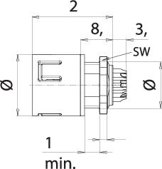 Technical drawing of a cylinder with dimensions and labels. Main components are marked with numbers and symbols.